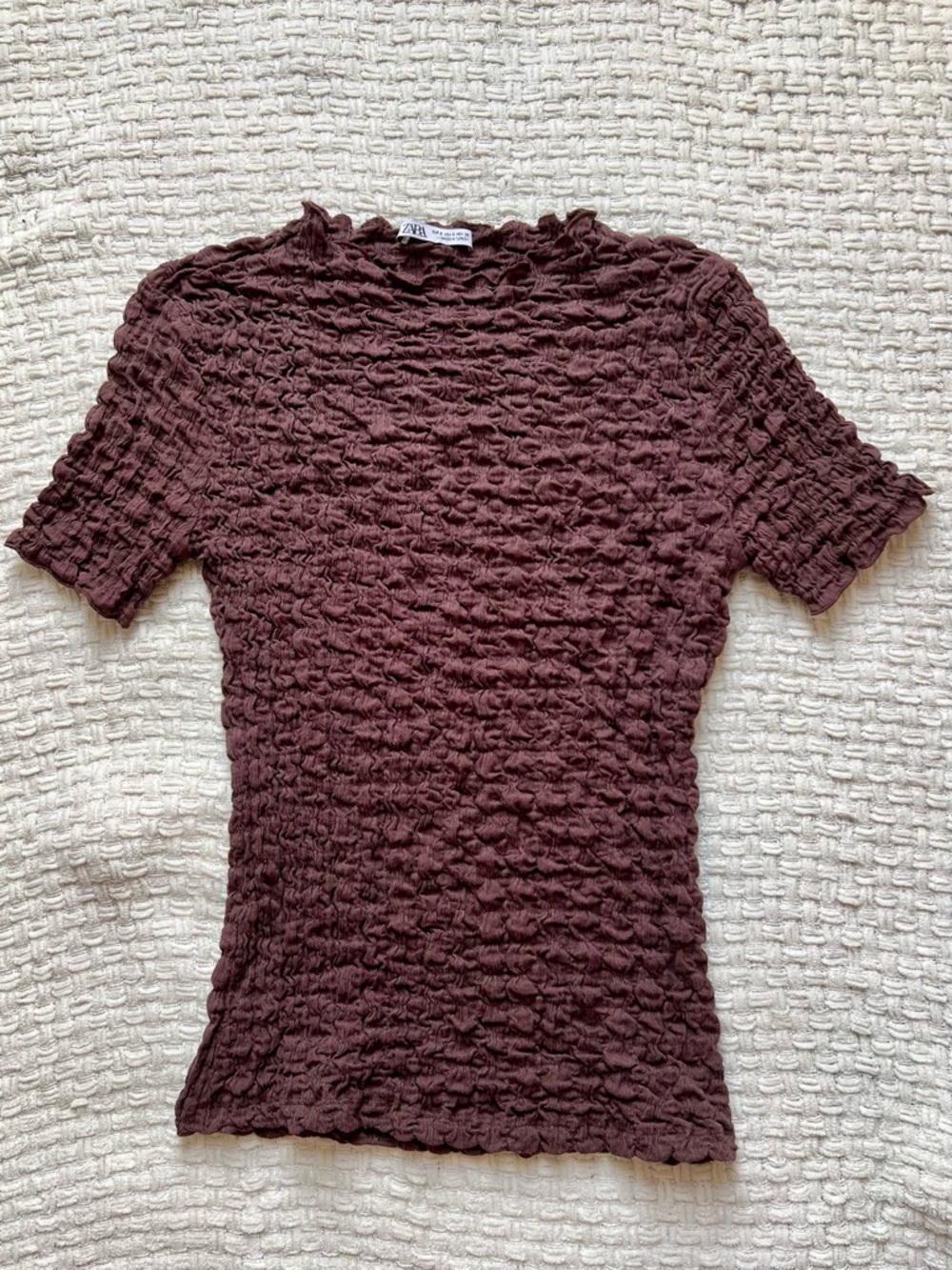 Zara Crinkle Textured Bubble Top Size Small Brown Minimalist - Picture 6 of 6